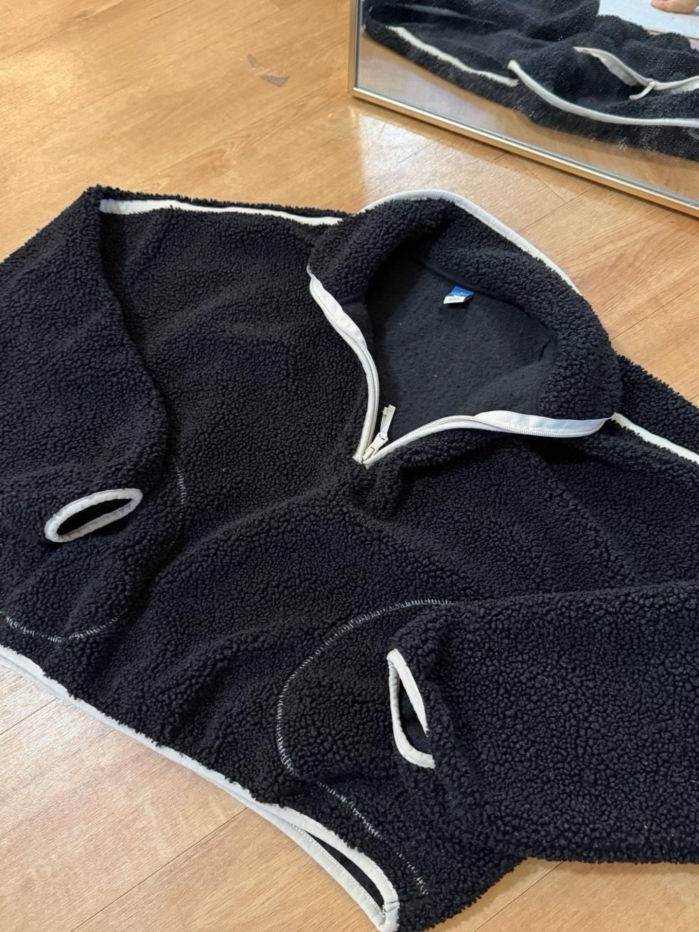 Old Navy Black Sherpa Zip-Up Sweater with White Trim